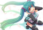  cloverpeia detached_sleeves green_eyes green_hair hatsune_miku headphones headset long_hair looking_up microphone petals solo squatting thighhighs twintails vocaloid 