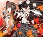  animal_ears black_hair black_wings camera detached_sleeves hat inubashiri_momiji iseki_mitsuharu multiple_girls red_eyes shameimaru_aya short_hair silver_hair sword tail tokin_hat touhou weapon wings wolf_ears wolf_tail 