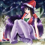  animal_ears aqua_eyes bad_feet blush breasts cat_ears christmas cleavage feet large_breasts long_hair nyx_(mebius_no_wa) original pantyhose purple_hair santa_costume solo thighband_pantyhose toes 