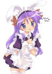  alternate_costume animal_ears apron blue_eyes blush bunny_ears enmaided hiiragi_kagami long_hair lucky_star maid nyanmilla open_mouth purple_hair solo thighhighs twintails wrist_cuffs 