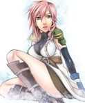  1girl belt big_breasts blue_eyes boots breasts elbow_gloves female final_fantasy final_fantasy_xiii gloves hands_on_hips highres large_breasts lightning_(ff13) lightning_farron long_hair miniskirt pink_hair sitting skirt sleeveless sleeveless_turtleneck solo turtleneck unizo white_background 