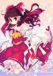  ahoge bare_shoulders bow brown_hair detached_sleeves frills gohei hair_bow hakurei_reimu japanese_clothes long_hair looking_at_viewer red_eyes red_hair shinia smile solo touhou 