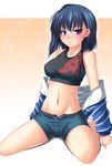  aoi_shiro blue_hair blush breasts kneeling large_breasts midriff navel osanai_shouko purple_eyes shiboru shorts sitting solo sweat tank_top wariza 