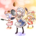  &gt;_&lt; :d bad_id bad_pixiv_id bat_wings chibi closed_eyes flandre_scarlet flipping_food food frying_pan izayoi_sakuya kuzugitsune_(inarikami) lowres multiple_girls open_mouth pancake remilia_scarlet smile touhou wings xd 