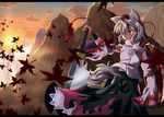  animal_ears detached_sleeves hat imonezi inubashiri_momiji leaf maple_leaf mountain orange_eyes shield short_hair silver_hair solo sword tokin_hat touhou weapon wolf_ears 