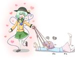  :d ^_^ broken_heart closed_eyes dragging eyes green_hair hat heart heart_of_string komeiji_koishi komeiji_satori kurokoori multiple_girls open_mouth pulling purple_hair siblings sisters smile squiggle sun_hat sweat third_eye touhou 