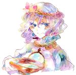  blue_eyes cup hair_ornament leaf_hair_ornament legomaru purple_hair sakazuki short_hair smile solo touhou traditional_media watercolor_(medium) yasaka_kanako 