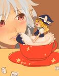  bad_id bad_pixiv_id blonde_hair chibi cup dress face hat in_container in_cup izayoi_sakuya kirisame_marisa minigirl multiple_girls ribbon ryvlab touhou witch_hat 