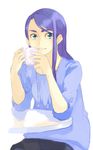  aqua_eyes bad_id bad_pixiv_id cup drinking eyebrows long_hair minazuki_karen nekogasuki precure purple_hair sitting smile solo yes!_precure_5 