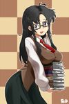  black_hair black_skirt breast_rest breasts carried_breast_rest glasses kon_(kdash) large_breasts long_hair long_skirt necktie purple_eyes read_or_die red_neckwear skirt solo yomiko_readman 