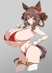  1girl alternate_breast_size_(larger) animal_ears bikini black_ribbon blush braid braided_hair_rings breasts brown_hair brown_tail commentary_request cowboy_shot cropped_legs ear_covers ear_ornament gentildonna_(umamusume) gigantic_breasts gloves grey_background hair_ribbon hair_rings hand_on_own_hip heart-shaped_ornament heart_ear_ornament highres horse_ears horse_girl horse_tail index_finger_raised long_hair looking_at_viewer navel parted_lips red_bikini red_eyes ribbon simple_background solo standing stomach swimsuit tail thighhighs thighs umamusume white_gloves white_thighhighs yuki_to_hana 