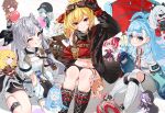  6+girls adjusting_eyewear airani_iofifteen airani_iofifteen_(1st_costume) anya_melfissa anya_melfissa_(indonesian_casual) area_15 arm_up ayunda_risu ayunda_risu_(1st_costume) azusa_(azunyan12) black_boots black_coat black_gloves black_scarf black_shorts blonde_hair blue_eyes blue_hair blush boots bow braid breasts brown_hair chest_harness chibi closed_mouth coat commentary cone_hair_bun cropped_sweater double_bun dress earrings feet_out_of_frame from_above gloves goggles goggles_on_head grey_hair hair_bow hair_bun hair_ornament hair_ribbon harness highres holoh3roes hololive hololive_indonesia holoro jacket jewelry kaela_kovalskia kaela_kovalskia_(4th_costume) kaela_kovalskia_(5th_costume) kobo_kanaeru kobo_kanaeru_(1st_costume) kobo_kanaeru_(5th_costume) kureiji_ollie kureiji_ollie_(1st_costume) long_hair long_sleeves looking_at_viewer moona_hoshinova moona_hoshinova_(goddess) multicolored_hair multiple_girls navel official_alternate_costume one_eye_closed open_mouth pavolia_reine pavolia_reine_(6th_costume) red_bow red_eyes red_sweater ribbed_sweater ribbon scarf shirt short_hair short_shorts shorts single_earring single_off_shoulder sitting sleeveless sleeveless_sweater smile stomach sweater thigh_strap two-tone_hair umbrella underbust vestia_zeta vestia_zeta_(1st_costume) vestia_zeta_(5th_costume) virtual_youtuber white_background white_hair 