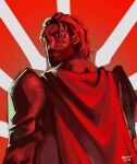  1boy absurdres aegyo_sal anvil_(shadow_slave) armor beard cape facial_hair from_behind highres limited_palette looking_at_viewer looking_back male_focus nowen1449 red_cape red_theme shadow_slave short_hair shoulder_armor solo sunburst sunburst_background upper_body 