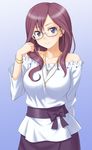  bare_shoulders blue_eyes bracelet glasses hida_tatsuo idolmaster idolmaster_cinderella_girls jewelry long_hair looking_at_viewer necklace purple_hair smile solo yagami_makino 