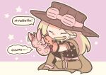  1boy absurdres beard belt belt_buckle black_bridal_gauntlets black_shirt blonde_hair bridal_gauntlets brown_cape brown_hat brown_pants buckle cape chibi closed_eyes cowboy_hat english_commentary english_text facial_hair goggles goggles_on_headwear gold_teeth grin gyro_zeppeli hand_puppet hat highres jojo_no_kimyou_na_bouken long_hair m_a_a_m_8 male_focus pants pink_belt puppet redrawn shirt short_sleeves sitting smile solo speech_bubble spurs stand_(jojo) star_(symbol) steel_ball_run stuffed_animal stuffed_toy teddy_bear tusk_(stand) tusk_act1 