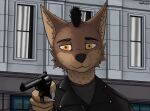  brown_body brown_fur building canid canine canis claude_(ekspie-a01) clothing coyote detailed_background digital_drawing_(artwork) digital_media_(artwork) dirty_harry ekspie-a01 fur gun handgun hi_res holding_gun holding_handgun holding_object holding_ranged_weapon holding_revolver holding_weapon jacket leather leather_clothing leather_jacket leather_topwear male mammal meme metallic_claws ranged_weapon revolver smith_&amp;_wesson smith_&amp;_wesson_model_29 solo topwear weapon yellow_eyes 