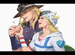  blonde_hair blue_eyes brown_hat buttons circlet commentary_request fist_bump gold_teeth hat heart highres jojo_no_kimyou_na_bouken komiya_harumoto looking_at_another open_mouth purple_shirt shirt simple_background smile star_(symbol) steel_ball_run undershirt white_background white_hat white_shirt 