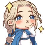  1girl absurdres blonde_hair blue_cloak blue_eyes braid cassie_(shadow_slave) catphine chibi chibi_only cloak cowboy_shot dress hand_on_own_chin highres hood hood_up hooded_cloak l_hand shadow_slave sidelocks single_braid solo sparkle white_dress 