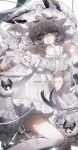  1girl absurdres animal_ears bare_shoulders bloomers blush bob_cut bow bowtie collar commission creature detached_collar dress english_text feet_out_of_frame finger_to_mouth frilled_collar frilled_dress frilled_wrist_cuffs frills full_body grey_hair hair_between_eyes hand_on_own_ear happy_birthday hat highres index_finger_raised jintian_du_bie-shuile looking_at_viewer mob_cap original purple_eyes ribbon short_hair sleep_mask sleeveless sleeveless_dress solo spotted_hair tareme thighhighs watermark white_background white_bloomers white_bow white_dress white_ribbon white_thighhighs wrist_cuffs 