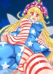 american_flag_dress american_flag_legwear blonde_hair breasts clownpiece covered_nipples detached_sleeves fat_mons hat hisui_(stapspats) jester_cap large_breasts long_hair pantyhose red_eyes solo spread_legs touhou very_long_hair 