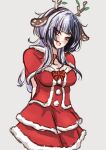  1girl :d animal_ears antlers arms_behind_back black_hair breasts cape capelet cleavage commentary dress english_commentary fake_animal_ears fake_antlers fur-trimmed_cape fur-trimmed_dress fur_trim grey_hair highres hololive hololive_english horns large_breasts layered_dress multicolored_hair penguin_stamp red_capelet red_dress reindeer_antlers santa_costume santa_dress shiori_novella simple_background smile solo split-color_hair two-tone_hair virtual_youtuber white_background yellow_eyes 
