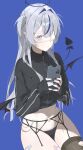  1girl :/ absurdres ayatsuno_yuni bandaid_on_thigh black_garter_belt black_halo black_jacket black_nails black_panties black_thighhighs black_wings blue_background bow bow_panties cellphone closed_mouth commentary cowboy_shot crop_top cropped_jacket demon_girl demon_tail demon_wings eyepatch film_grain fingernails garter_belt grey_eyes grey_hair hair_intakes halo heart heart_o-ring highres holding holding_phone jacket long_hair long_sleeves looking_at_viewer low_wings medical_eyepatch meosic2 midriff mini_wings multicolored_hair nail_polish navel no_pants o-ring one_eye_covered panties phone revision simple_background single_thighhigh sitting sleeves_past_wrists smartphone solo stellive straight_hair streaked_hair string_panties tail thighhighs torn_clothes torn_thighhighs underwear virtual_youtuber wings 