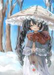  1girl :3 black_hair blue_sky blush braid capelet closed_eyes closed_mouth commentary cowboy_shot dress facing_ahead facing_viewer grey_dress hat highres long_earlobes long_hair omaega_chan outdoors own_hands_together praying red_capelet rice_hat sky smile snow solo touhou tree twin_braids yatadera_narumi 