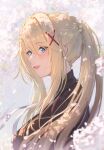  1girl absurdres alternate_costume birthday black_sweater blonde_hair blue_eyes braid breasts cherry_blossoms contemporary darkness_(konosuba) falling_petals from_side hair_between_eyes hair_ornament hairclip hairpin highres isome kono_subarashii_sekai_ni_shukufuku_wo! long_hair long_sleeves open_mouth petals ponytail ponytail_with_braided_base smile solo sweater upper_body x_hair_ornament 