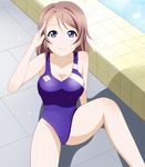  alllie bare_shoulders blue_eyes breasts brown_hair cleavage competition_swimsuit from_above looking_up love_live! love_live!_sunshine!! medium_breasts one-piece_swimsuit pool salute school_swimsuit shadow short_hair sitting smile solo swimsuit watanabe_you water 