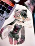  1girl black_dress black_hair bow-shaped_hair callie_(splatoon) callie_(squid_sisters_outfit)_(splatoon) detached_collar dress food food_on_head highres inkling long_hair mole mole_under_eye object_on_head painting_(medium) pantyhose photo_(medium) pink_hair pink_pantyhose pointy_ears short_dress short_eyebrows smile solo splatoon_(series) splatoon_1 sushi tentacle_hair thick_eyebrows traditional_media utopia_salut very_long_hair yellow_eyes 
