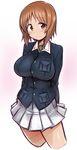  arms_behind_back blush breasts brown_eyes brown_hair cropped_legs girls_und_panzer highres impossible_clothes kagami_uekusa large_breasts looking_at_viewer nishizumi_miho school_uniform short_hair simple_background skirt smile solo throat_microphone uniform 