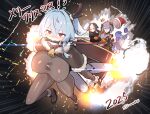  2025 4girls @_@ ahoge animal_costume antlers bell belt belt_collar black_gloves black_hair bodystocking box breasts collar colossus_(natsukaze_shigure) commentary_request fur-trimmed_gloves fur-trimmed_headwear fur_trim gift gift_box gixer_250_(natsukaze_shigure) gloves green_eyes grey_hair hair_between_eyes hat highres horns hydrasia_(natsukaze_shigure) large_breasts m004_(natsukaze_shigure) multiple_girls natsukaze_shigure neck_bell original red_belt red_eyes red_hat reindeer_antlers reindeer_costume santa_hat sleigh white_hair 