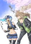  2girls black_bodysuit black_choker black_gloves black_jacket black_sports_bra blue_hair body_markings bodysuit breast_tattoo breasts cherry_blossoms chest_jewel choker cleavage closed_eyes collared_vest crop_top cropped_vest d: denim denim_vest elbow_gloves eunie_(xenoblade) feathered_wings fiery_hair gloves glowing_lines glowing_markings green_hoodie head_wings highres hood hoodie jacket large_breasts leather leather_jacket long_hair medium_hair midriff multiple_girls navel nemimin no_vest open_clothes open_vest sena_(xenoblade) shorts side_ponytail sky small_breasts sneezing splatter sports_bra tattoo translation_request vest white_wings wings xenoblade_chronicles_(series) xenoblade_chronicles_3 