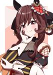  1girl absurdres aniani_ai animal_ears bare_shoulders blush braid braided_hair_rings breasts brown_hair closed_mouth collarbone commentary_request detached_sleeves dress ear_covers ear_ornament gentildonna_(regina_dei_fiori)_(umamusume) gentildonna_(umamusume) gloves hair_between_eyes hair_ornament hair_rings hand_on_own_cheek hand_on_own_elbow hand_on_own_face heart-shaped_ornament heart_ear_ornament highres horse_ears horse_girl long_hair looking_at_viewer red_eyes see-through_cleavage see-through_clothes smile solo umamusume upper_body white_gloves 