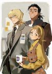  1girl 2boys :o badeni black_eyes black_hair black_necktie blonde_hair blue_eyes blush brown_jacket chi.:_chikyuu_no_undou_ni_tsuite closed_mouth coffee_mug collared_shirt commentary_request contemporary cup dress dress_shirt glasses grey_jacket grin hairband highres holding holding_cup id_card jacket jolenta logo long_hair long_sleeves looking_at_viewer low_ponytail mug multiple_boys nasa_logo necktie oczy parted_lips pen pinafore_dress plaid_clothes plaid_dress ponytail scar scar_on_face scar_on_mouth shirt sleeveless sleeveless_dress smile sticky_note suit_jacket uquoozz very_long_hair white_shirt yellow_eyes yellow_hairband yellow_shirt 