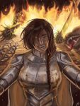  1girl :d absurdres armor backlighting braid brown_hair burning cape commentary crazy_grin dead_animal effie_(shadow_slave) english_commentary fire green_eyes grin head_tilt highres l3xarts_17 light_particles shadow_slave shoulder_armor single_braid smile solo spine upper_body 