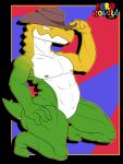  2026 3:4 4_fingers abs absurd_res alligatorid anthro back_spikes biceps body_spikes brown_clothing brown_hat brown_headgear brown_headwear candy clothing colored countershade_face countershade_torso countershading cowboy_hat crocodilian dessert digital_drawing_(artwork) digital_media_(artwork) english_description fingers food food_creature glitch_productions gradient_body green_body green_nipples gummigoo_(tadc) gummy_(food) gummy_creature half-closed_eyes hand_on_hat hand_on_leg hand_on_own_leg hand_on_own_thigh hand_on_thigh hat hat_only headgear headgear_only headwear headwear_only hi_res kneeling living_candy male mostly_nude multicolored_body muscular muscular_anthro muscular_male narrowed_eyes ner0_kobold nipples pecs pose reptile scalie short_tail signature simple_background smile solo spiked_tail spikes spikes_(anatomy) squint tail the_amazing_digital_circus tipping_hat watermark white_body white_eyes yellow_body yellow_nipples 