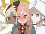  1boy 1girl 2boys @_@ ahoge androgynous bandaid bandaid_on_face bandaid_on_nose blonde_hair blue_eyes blue_hair blue_jacket blush bright_pupils brown_gloves brown_hair captain_nemo_(fate) cloak commentary_request dark-skinned_male dark_skin fate/grand_order fate_(series) gloves gradient_hair green_eyes grey_eyes grey_hair hard_hat hat helmet highres hood hooded_cloak jacket jewelry long_hair long_sleeves military_uniform mining_helmet multicolored_hair multiple_boys naval_uniform nemo_(fate) open_mouth simple_background smile sweatdrop tanutika turban tutankhamun_(fate) tutankhamun_(first_ascension)_(fate) twintails van_gogh_(fate) van_gogh_(miner)_(fate) very_long_hair white_background white_cloak white_turban 