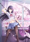  absurdres ange_vierge bad_id bad_pixiv_id bangs black_hair blue_eyes blue_skirt blush bow brown_legwear buttons cherry_blossoms contrapposto curtains eyebrows_visible_through_hair frown groin heterochromia highres holding holding_weapon indoors legs_apart long_hair looking_at_viewer ltt_challenger magic_circle midriff miniskirt navel original pantyhose petals pleated_skirt polearm purple_eyes red_bow school_uniform serafuku serious shirt short_sleeves skirt solo standing thighband_pantyhose two-handed weapon white_shirt wind window 