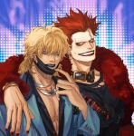  2boys arm_around_shoulder blonde_hair blue_jacket denisefanta earrings eustass_kid eyeshadow feather_boa goggles goggles_around_neck highres jacket jewelry killer_(one_piece) makeup male_focus mature_male messy_hair multiple_boys one_piece pectoral_cleavage pectorals red_eyes red_hair red_lips scar scar_on_face short_hair 