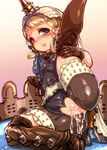  after_sex anus blonde_hair blue_eyes blush bodysuit crotchless_clothes cum cum_in_ass cum_in_pussy filasopila flat_chest gloves granblue_fantasy harigane_shinshi harvin highres leg_up pussy short_hair solo spread_legs thighhighs 