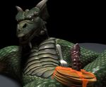  3d cgi digital_media_(artwork) dragon erection food fork horn male millennium_dragon pancake penis scale scalie sharp_teeth solo tagme teeth wooky 