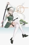  1girl absurdres belt black_hairband black_shoes bonsai commentary crossed_legs detached_sleeves flower full_body green_eyes green_skirt grey_hair hairband high_heels highres hitodama holding holding_sword holding_weapon konpaku_youmu konpaku_youmu_(ghost) looking_at_viewer midriff miniskirt navel pink_flower pleated_skirt sheath sheathed shoes short_hair sitting skirt solo sword thigh_belt thigh_strap thighhighs torinari_(dtvisu) touhou weapon white_thighhighs youmu_day 