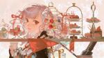  1girl absurdres biscuit_(bread) candy cup drink food fruit girls'_frontline girls'_frontline_2:_exilium grey_hair hair_ribbon highres holding holding_cup holding_drink holding_food official_art red_eyes ribbon sabrina_(girls'_frontline_2) spas-12_(girls'_frontline) strawberry 