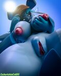 3d_(artwork) 4:5 absurd_res animal_ears anthro areola baseball_cap bending_down big_breasts big_butt big_nipples blue_body blue_hair blue_sky blue_tail blue_vulva bodily_fluids breast_grab breast_milking breast_play breasts butt canid canine clenched_teeth clitoris clothing curvy_figure digital_media_(artwork) dominant dominant_female e.coli88 ears_down eeveelution erect_clitoris erect_nipples eyebrows fangs female female_focus generation_4_pokemon genital_fluids genital_focus genitals glaceon glistening glistening_body glistening_genitalia glistening_nipples glowing glowing_eyes hair half-closed_eyes hand_on_breast hand_on_hip hat head_down headgear headwear hi_res huge_breasts huge_nipples humanoid inner_labia lactating light lighting looking_at_viewer looking_down looking_down_at_viewer low-angle_view mammal milk narrowed_eyes nintendo nipple_fetish nipples nude open_mouth outside pink_nipples pivoted_ears pokemon pokemon_(species) puffy_nipples raised_eyebrow rim_light sky smile smiling_at_viewer smirk smirking_at_viewer smug smug_face solo spread_legs spread_vulva spreading standing sun sunlight tail teeth teeth_showing thick_thighs uwu vaginal_fluids vulva vulva_focus watermark white_areola wide_hips