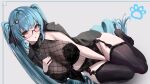  1girl absurdres arm_between_legs bare_arms bare_shoulders black_bra black_necktie black_panties black_thighhighs blue_border blue_hair blush bodystocking border bra breasts cleavage commentary_request disgustingtokki drill_hair dutch_angle feet fine_fabric_emphasis fishnet_top fishnets garter_straps glasses goddess_of_victory:_nikke groin hair_intakes hair_ornament halterneck hand_between_thighs hand_on_own_chest hand_up highres jacket jacket_on_shoulders korean_commentary large_breasts legs lingerie long_hair looking_at_viewer lying navel necktie panties parted_lips paw_hair_ornament pinstripe_jacket pinstripe_pattern privaty_(nikke) privaty_(sharp_lesson)_(nikke) see-through_cleavage see-through_clothes sidelocks simple_background solo stomach striped_clothes striped_jacket thighhighs thighs toes twin_drills twintails underwear vertical-striped_clothes vertical-striped_jacket very_long_hair white_background wing_collar yellow_eyes 