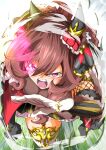  1girl absurdres animal_ears braid braided_hair_rings breasts brown_hair cleavage commentary_request corset detached_sleeves dress ear_covers ear_ornament eye_trail gentildonna_(regina_dei_fiori)_(umamusume) gentildonna_(umamusume) gloves glowing glowing_eye hair_between_eyes hair_ornament hair_rings heart-shaped_ornament heart_ear_ornament highres horse_ears horse_girl light_trail long_hair looking_at_viewer motion_blur open_mouth red_corset red_eyes running see-through_cleavage see-through_clothes teeth thighhighs umamusume white_gloves white_thighhighs zukki_(bijitaru) 