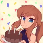  1girl a_hat_in_time aged_up alternate_costume bare_shoulders birthday_cake blue_eyes blue_leotard brown_hair cake candle chocolate_cake closed_mouth commentary confetti english_commentary fire food hair_tie hat_kid highres holding holding_plate leotard long_hair looking_at_viewer missing_headwear plate ponytail portrait sidelocks smile solo split_mouth two-handed xyronii yellow_background 
