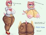 afterimage amy_rose anthro areola big_areola big_breasts big_butt bodily_fluids bottomwear breasts brown_bottomwear brown_clothing brown_pants butt butt_focus caldinie1 clothed clothed_anthro clothed_female clothing clothing_lift colored dialogue directional_arrow english_text erect_nipples eulipotyphlan female fingers footwear furgonomic_bottomwear furgonomics green_eyes hair half-closed_eyes hands_on_hips hedgehog hi_res high_heels huge_breasts humanoid_hands lactating looking_aside mammal mature_anthro mature_female medium_hair milk motion_lines multiple_images narrowed_eyes nipple_outline nipples open_mouth pants pink_hair plantigrade presenting presenting_breasts red_clothing red_footwear red_shoes sega shaded shirt shirt_lift shoes short_tail simple_background smile solo sonic_the_hedgehog_(series) tail tail_motion tailwag tan_body text thick_thighs topwear white_clothing white_shirt white_topwear wide_hips