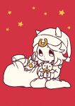  1boy absurdres alternate_costume animal_ears bow bowtie chibi chibi_only christmas commentary hat highres holding holding_stuffed_toy horseshoe_hat_ornament horseshoe_ornament johnny_joestar jojo_no_kimyou_na_bouken limited_palette m_a_a_m_8 male_focus medium_hair pants red_background sack santa_hat sitting sky stand_(jojo) star_(sky) starry_sky steel_ball_run stuffed_animal stuffed_toy teddy_bear tusk_(stand) tusk_act1 untranslatable_commentary wariza yellow_bow yellow_bowtie 